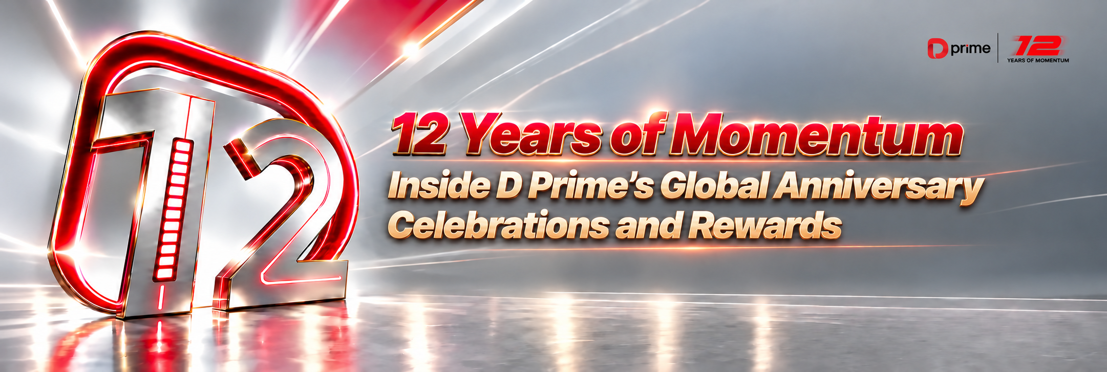 D Prime 12 Years of Momentum anniversary hero banner with global rewards and celebration messaging.