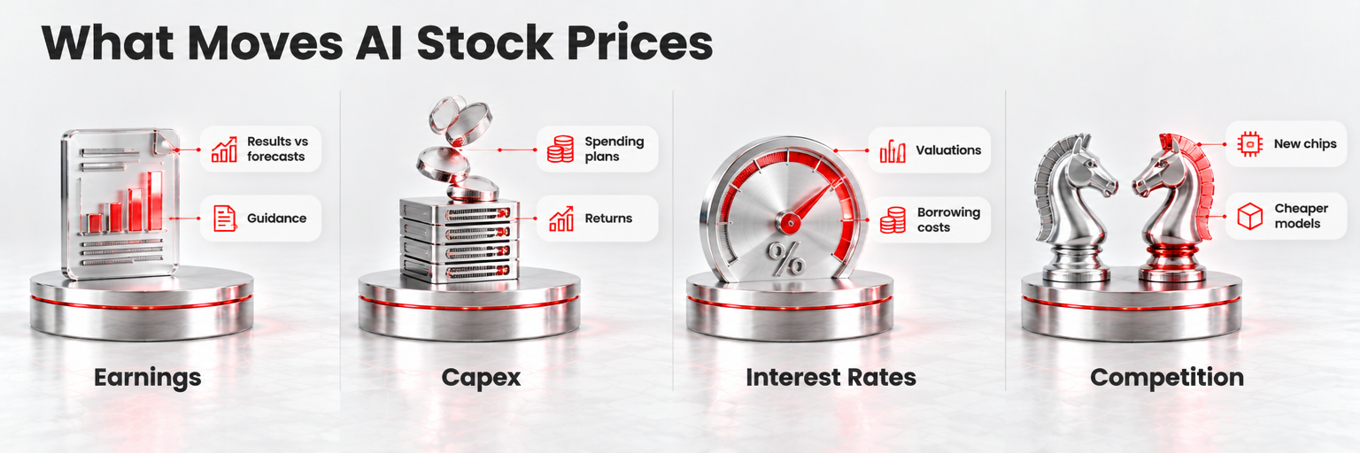 Key drivers of AI stock prices including earnings, capex, interest rates and competition.