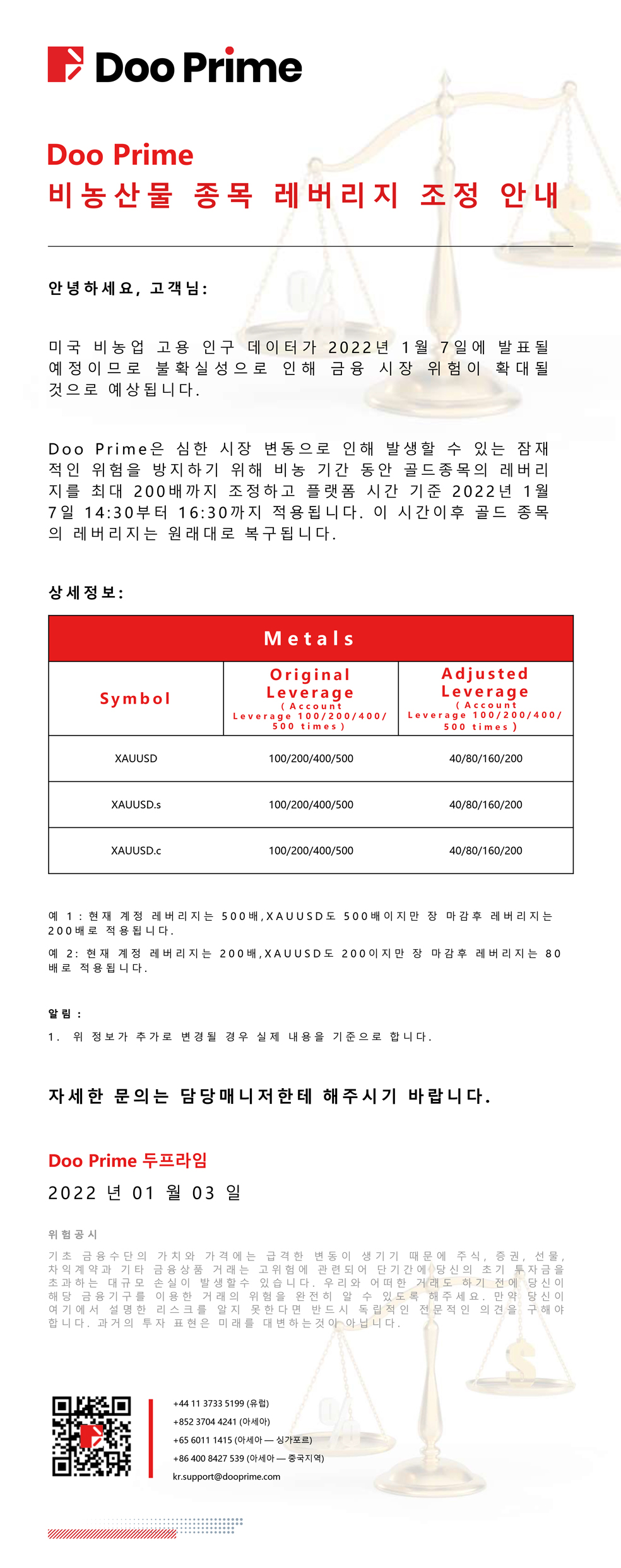 Doo Prime 비농산물 종목 레버리지 조정 안내