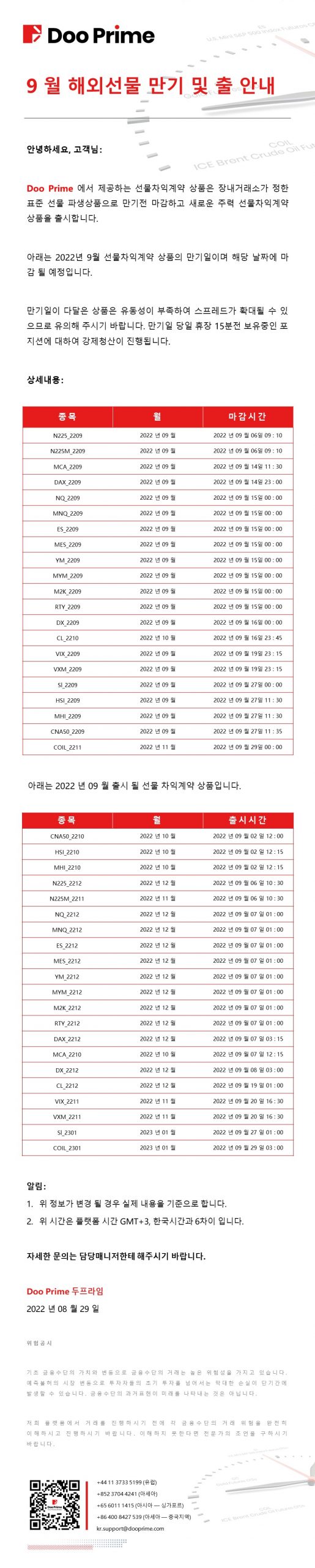 9 월 해외선물 만기 및 출 안내 